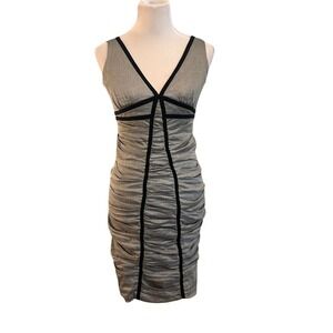 Nicole Miller Gray Striped Ruched V-Neck Body Con Dress‎ Size 6  Y2K